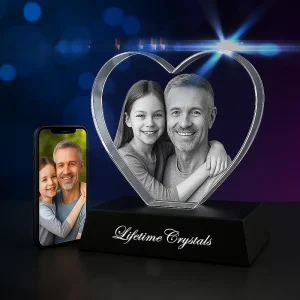 heart shaped 3d photo crystal with father and daughter smiling